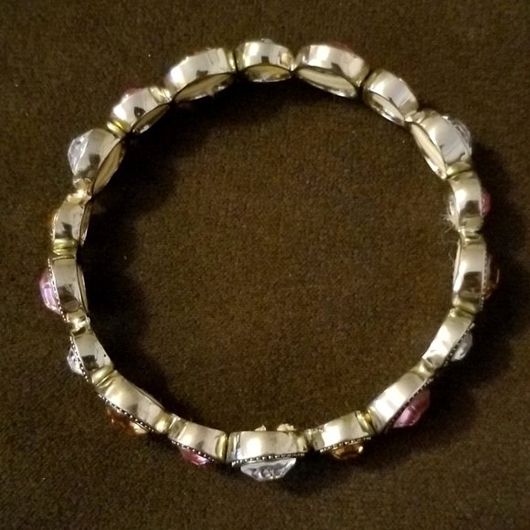 VINTAGE SILVER PLATED MULTI-COLORED BEZEL SET STONE STRETCH BRACELET -FITS 7"-8" - Picture 4 of 7